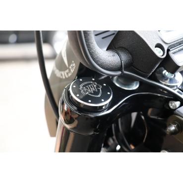 Cult-Werk 2-teilig fork tube cap bolt Abdeckungsset, Logo – Softail: 20-24 FXST Softail Standard 107; 18-20(NU)FLFB Fat Boy 107; 18-24 (NU) FLFBS Fat Boy 114; 25-26 FLFB Fat Boy 117; 18-20 (NU) FXBB Street Bob 107; 18-25 (NU) FXBBS Street Bob 114; 25-26 F