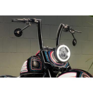 Killer Custom, Monarch 2" Fat bar. 8" rise Lenkrad für Harley-Davidson® 82–24 H-D mech. & e-Throttle (ausgenommen 88–11 Springer) mit 1" I.D. Risern. Ausgenommen Modelle mit hydraulischem Kupplungsgeberzylinder