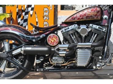 BSL Bomb V2 Auspuffanlage, poliert glatt Hitzeschild, poliert Adjustable High Endkappe, schwarz 4" – 87-16 Softail, (außer 13-14 FXSBSE, 14-16 FXSB, 16 FXSE, 08 FXCW, 08-11 FXCWC, 09 FXSTSSE3) 12-16 benötigt Lambdasonden-Reduzierstück 670859