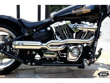 BSL Exhaust Bomb V2 Exhaust System , Polished Smooth Heat Shield, Polished Adjustable High End Cap, Polished 4" - BSL Auspuffanlage für Harley Davidson 07-16 Dyna, (except 16 FXDLS)