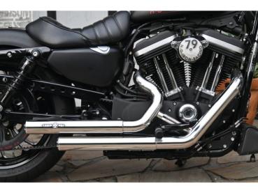 BSL Top Chopp Staggered Auspuffanlage, ohne Hitzeschild, poliert glatt Endkappe, poliert 2,5" – 04-16 Sportster, (außer 08-10 XR1200, 10-13 XR1200X) 14-16 benötigt Lambdasonden-Reduzierstück 670859