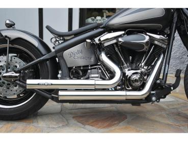BSL Top Chopp Staggered Forward Control Auspuffanlage, ohne Hitzeschild, poliert glatt Endkappe, poliert 2,5" – 84-16 Softail, (außer 08 FXCW, 08-11 FXCWC, 09 FXSTSSE3, 13-14 FXSBSE, 14-15, 17 FXSB, 16-17 FXSE) Only FX-Softail Models, 12-16 benötigt Lambd