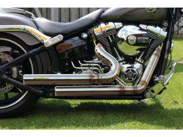 BSL Top Chopp Staggered Forward Control Auspuffanlage, roh Hole Hitzeschild, poliert glatt Endkappe, Outline 2,5" – 84-16 Softail, (außer 13-14 FXSBSE, 14-16 FXSB, 16 FXSE, 08 FXCW, 08-11 FXCWC, 09 FXSTSSE3) Only FX-Softail Models, 12-16 benötigt Lambdaso