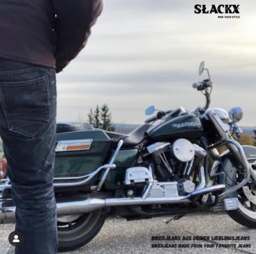Motorradhosen nach deine Lieblingsjeans oder jede andere Hose gestaltbar. Kevlar®-Gewebe mit besonderem Abriebschutz und ein atmungsaktives CoolMesh®-Gewebe in deine Lieblingshose. Auf Wunsch auch mit Protektorentaschen