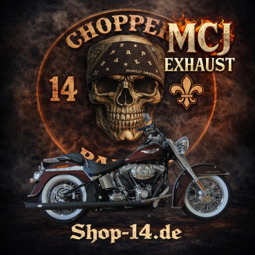 MCJ - 2 in 2 Cross Over , in Schwarz oder Chrom, mit Krümmer und Hitzeschutz alle Halterungen dabei.Endkappen wählbar - SOFTAIL DELUXE - CROSS BONES - SLIM VON 2007 BIS 2016