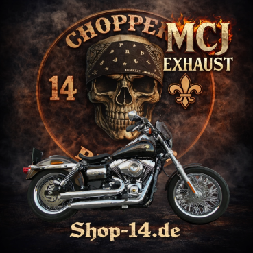 MCJ - 2 in 2 Royal Short , in Schwarz oder Chrom, mit Krümmer und Hitzeschutz  (mit oder ohne Löcher) alle Halterungen dabei - DYNA 1690 Model 2017 (STREET BOB - LOW RIDER)