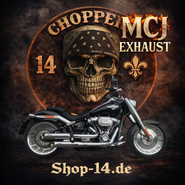 MCJ - Race Endtöpfe 90 Grad , in Schwarz oder Chrom, mit Endkappen Endkappen wählbar - SOFTAIL STREET BOB - HERITAGE - DELUXE - FAT BOB - LOW RIDER (S,ST) - SLIM - BREAKOUT - FAT BOY 2018 - 2020