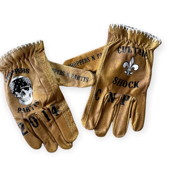 CnP Choppers n Partys Lederhandschuhe Braun Sommer Biker Motorrad  Totenkopf Lilie