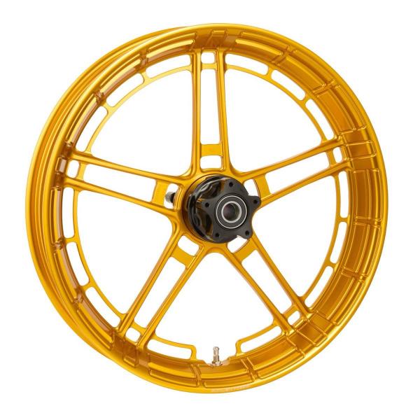Arlen Ness, Flatline-Felge 21 x 3.5 Zoll, gold – Universell passend. Das modellspezifische Arlen-Ness-Nabenkit muss für ein vollständiges Rad separat bestellt werden.
