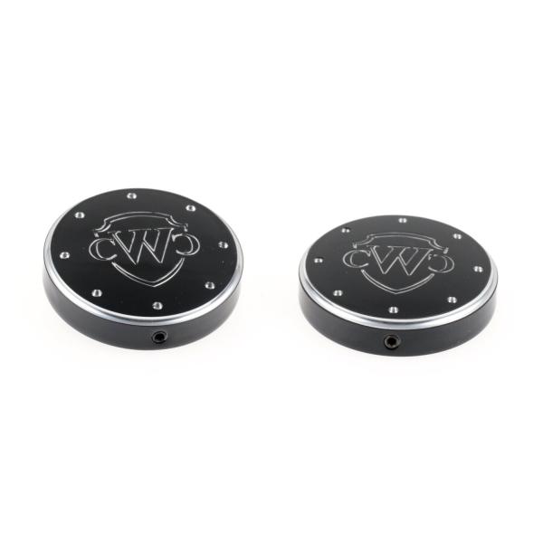 Cult-Werk 2-teilig fork tube cap bolt Abdeckungsset, Logo – Softail: 20-24 FXST Softail Standard 107; 18-20(NU)FLFB Fat Boy 107; 18-24 (NU) FLFBS Fat Boy 114; 25-26 FLFB Fat Boy 117; 18-20 (NU) FXBB Street Bob 107; 18-25 (NU) FXBBS Street Bob 114; 25-26 F
