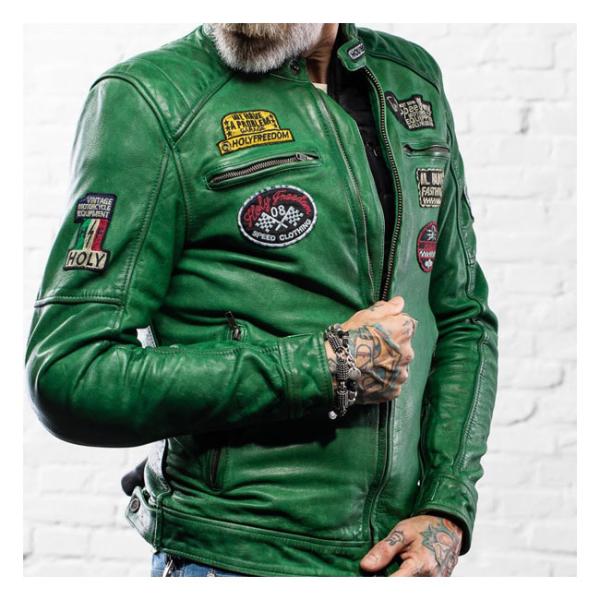 Holy Freedom Zero Evo Jacket Green - Motorrad Lederjacke in Grün