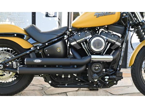 BSL Exhaust Drager Drag Exhaust System , Polished Smooth Heat Shield, Polished Smooth End Cap, Black 70 mm - BSL Auspuffanlage für Harley Davidson 18-20 Softail