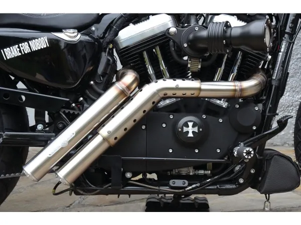 BSL Exhaust Firestarter Midcontrol Exhaust System , Raw Hole Heat Shield, Polished Smooth End Cap, Outline 2,5"- BSL Auspuffanlage für Harley Davidson 04-16 Sportster
