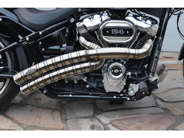 BSL Exhaust Rainbow Down Under Snake on the Road Exhaust System , Raw Smooth Heat Shield, Polished Smooth End Cap, Outline 70 mm - BSL Auspuffanlage für Harley Davidson 18-20 FLFB, 18-19 FXBR, 19-20 FXDRS 114, 18-20 FXBRS 114, 18-20 FLFBS 114, 18 FXBRS 11
