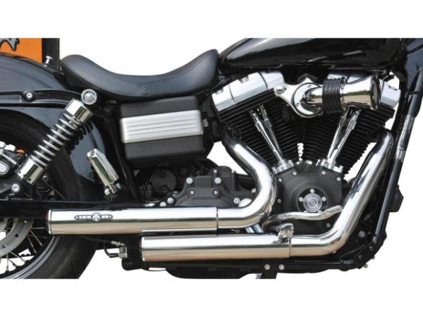 BSL Top Chopp Staggered Auspuffanlage, ohne Hitzeschild, poliert glatt Endkappe, poliert 2,5" – 07-16 Dyna, (außer 16 FXDLS) Only Models equipped with forward Controls, 12-16 benötigt Lambdasonden-Reduzierstück 670859