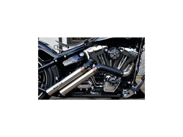BSL Firestarter Auspuffanlage, schwarz Hole Hitzeschild, schwarz glatt Endkappe, Outline 2,5" – 87-16 Softail 12-16 benötigt Lambdasonden-Reduzierstück 670859
