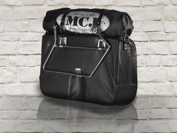 Motorradtasche MCJ Black Python Exclusive Bag Seitentasche Leder mit Halterung für Harley , Victory, Kawasaki, Triumph, Royal Enfield.