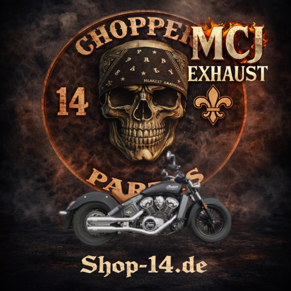 MCJ - 2 in 2 Big Short, in Schwarz oder Chrom, mit Krümmer, Hitzeschutz (mit oder ohne Löcher), Halterungen und  Endkappen wählbar -  INDIAN SCOUT BIS EURO 4