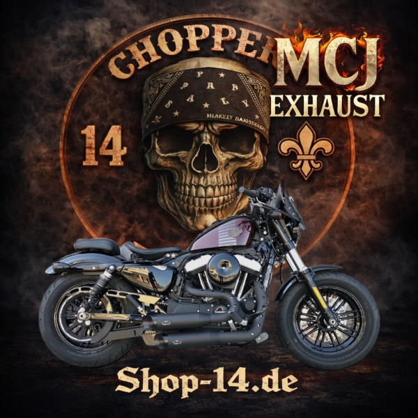 MCJ - 2 in 2 Big Short, in Schwarz oder Chrom, mit Krümmer, Hitzeschutz (mit oder ohne Löcher), Halterungen und  Endkappen wählbar - SPORTSTER 883-1200 BJ. 2014 BIS 2016