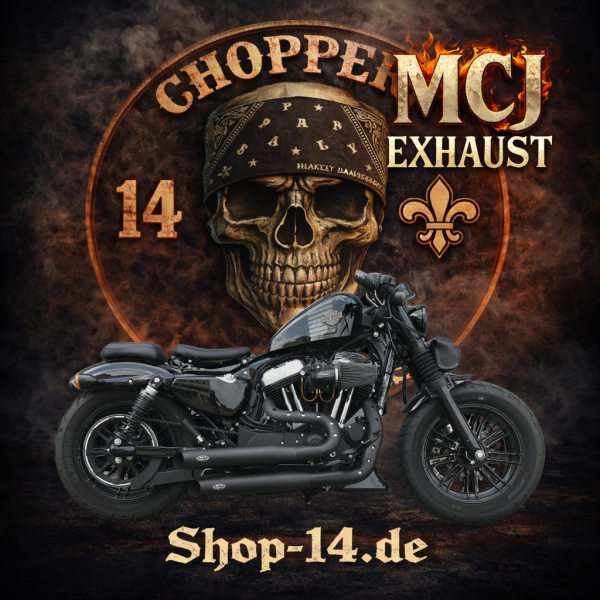 MCJ - 2 in 2 Royal Short , in Schwarz oder Chrom, mit Krümmer und Hitzeschutz  (mit oder ohne Löcher) alle Halterungen dabei -SPORTSTER 2004 BIS 2013